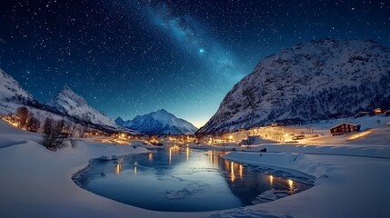 Poster - Mesmerizing frozen river reflecting the pale light of distant stars in a serene otherworldly landscape  This tranquil atmospheric scene evokes a sense of wonder and solitude under the vast