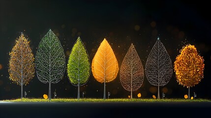 Poster - Mesmerizing glow mesh lines in shades of green and brown creating a captivating visual representation of the cycle of leaves turning from lush green to warm autumn tones  This abstract