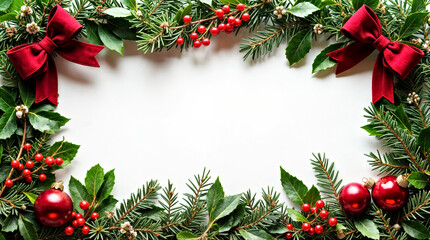Wall Mural - festive christmas border with pine branches, red bows, holly, and baubles on white background. chris