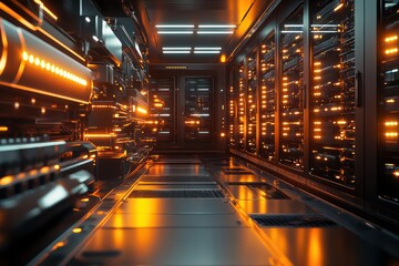 A sleek futuristic server farm with glowing LED lights reflecting off metal surfaces set in a dimly lit room filled with advanced cooling systems