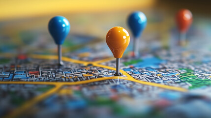 Colorful map pins on a blurred map