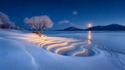 Aufkleber - Mesmerizing glowing mesh waves gracefully rippling across a frozen lake beautifully reflecting the soft moonlight in a serene ethereal landscape