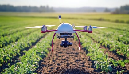 A smart agriculture field with automated drones hovering over crops sensors measuring soil and plant health in real-time