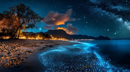 Leinwandbilder - Mesmerizing waves of glowing mesh crashing and swirling onto an idyllic illuminated seashore landscape with a serene atmospheric vibe