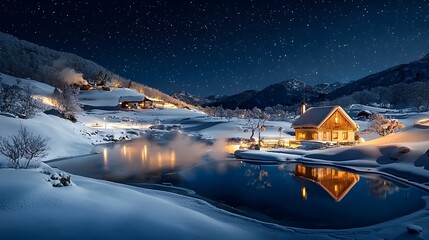 Poster - Mysterious steaming spring nestled in the heart of a snow covered landscape creating a captivating and ethereal scene during the enchanting nightfall
