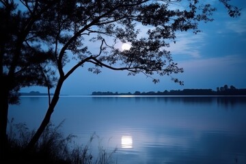 Wall Mural - Romantic lake view lake at night nature moon.