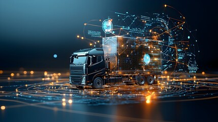 Poster - Optimized Warehouse Logistics with Glowing Mesh Forklift Pathways Advanced transportation and distribution system with connected infrastructure and data driven automation