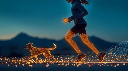 Leinwandbilder - Person and Dog Jogging Together on Glowing Digital Path in Urban Environment Highlighting Technology and Fitness Tracking