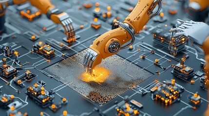 Aufkleber - Robotic arms with glowing mesh lines operating within an automated production line inside a modern high tech manufacturing facility