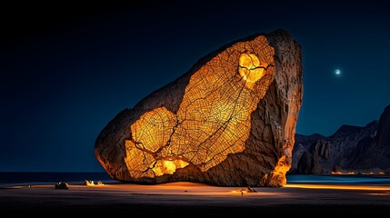 Poster - Striking rock formations glowing with intricate mesh patterns that represent the ancient fault lines and geological history of the rugged weathered landscape  The surreal