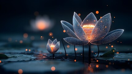 Leinwandbilder - Stunning digital showcasing a glowing ethereal mesh lotus flower gracefully floating on the serene surface of a tranquil pond reflecting the calming meditative atmosphere