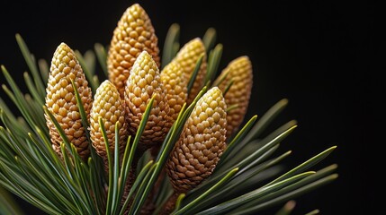 Close-up of several pine cones on a branch with green needles against a black background.