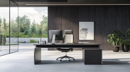 Modern office interior with sleek furniture, featuring a desk and computer setup, creating a clean and professional workspace