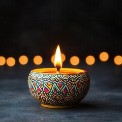 Colorful candle with intricate patterns, glowing in a dark ambiance.