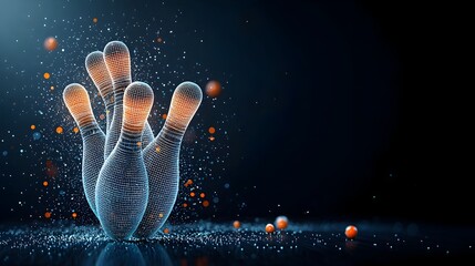 Fototapete - Vibrant futuristic image depicting glowing mesh bowling pins scattering after a striking impact from a neon lit bowling ball  The dynamic