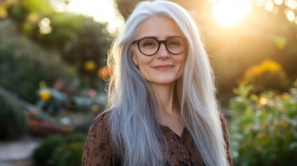 Poster - A woman with long gray hair and glasses is smiling for the camera