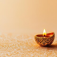 Traditional diya with a flickering flame on a decorative background