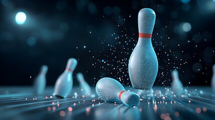 Fototapete - Vibrant neon bowling ball strikes and scatters a mesh of glowing geometric bowling pins in a dynamic abstract digital
