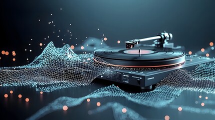 Poster - Vinyl record player spinning records with abstract glowing mesh waves visualizing the rhythm and melody of the music  Modern and minimalist audio equipment and digital technology aesthetic