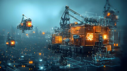 Poster - Glowing mesh like lines visualize the movement of towering harbor cranes as they efficiently load and unload cargo containers at a busy maritime shipping terminal  This futuristic
