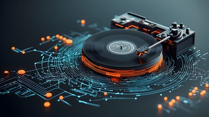 Aufkleber - Vinyl record player spinning and creating mesmerizing glowing mesh waves to visualize the pulsing music and rhythms  Analog audio entertainment and multimedia concept