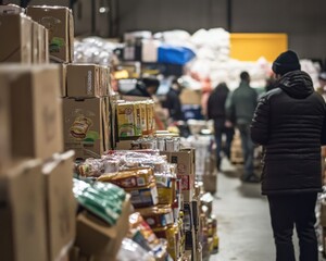 Wall Mural - A volunteer warehouse filled with various food items organized