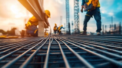 Steel rebar installation on a construction site, with workers carefully placing and securing steel reinforcement bars for building support