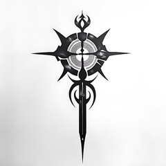 Poster - Abstract black and white symbol with a cross, a circle, and a sharp point at the bottom.