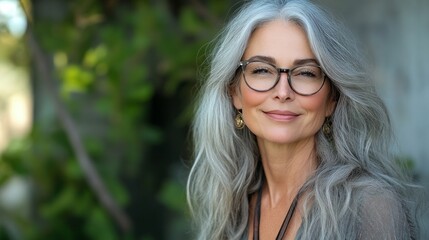 Aufkleber - A woman with long gray hair and glasses is smiling