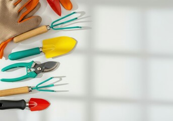 Colorful gardening tools are lying on white surface with window shadow, spring garden work concept