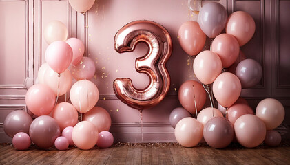 Stylish Girl 3rd Birthday Party background, Modern Bunch of bright balloons on light pink background, Third Birthday decorations with soft pink, mint and gold balloons. Banner design, space for text