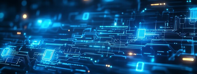 Poster - Abstract blue digital technology background with glowing lines and circuit boards.