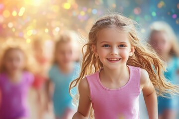 Smiling girl running joyfully with friends in a vibrant outdoor setting during a sunny day