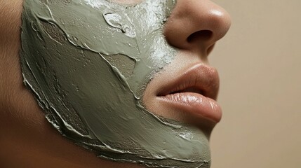 Wall Mural - Close up shot of a nourishing green clay facial mask being applied to smooth glowing skin with soft light reflections and a warm beige background  This natural skincare treatment promotes a radiant