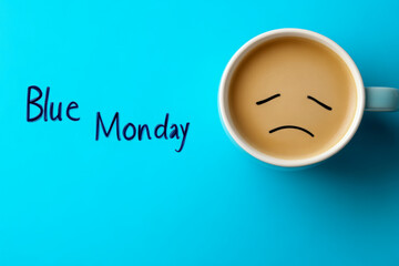 A coffee cup with a sad face on it and the words Blue Monday written below it