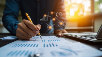 Poster - Strategic Planning: A close-up shot of a businessman meticulously reviewing financial documents, with futuristic data graphics subtly overlaid.