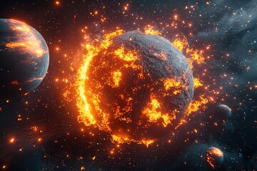 Exploding burning planet in flames and fire in cosmos with stars and other planets in background. Generative Ai