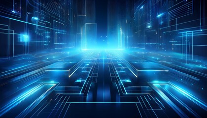 Poster - Abstract digital city landscape with blue glowing lines and futuristic design.