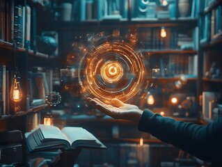 A hand levitating a glowing orb in a dimly lit room with bookshelves.