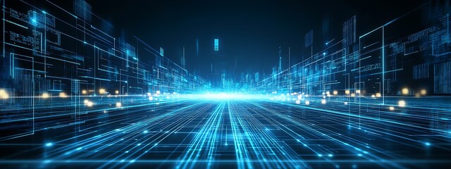 Poster - Abstract futuristic cityscape with glowing lines and data patterns.