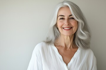 A smiling elderly woman with silver hair and bright eyes, wearing a white blouse against a light background.