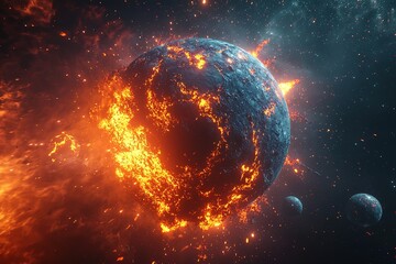 Exploding burning planet in flames and fire in cosmos with stars and other planets in background. Generative Ai