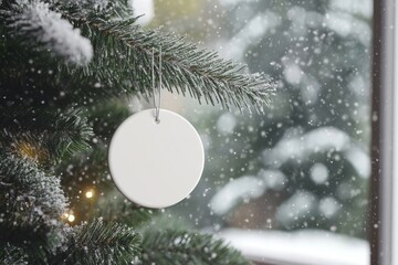 A blank white circular ceramic ornament hanging on a Christmas tree christmas background snowfall.