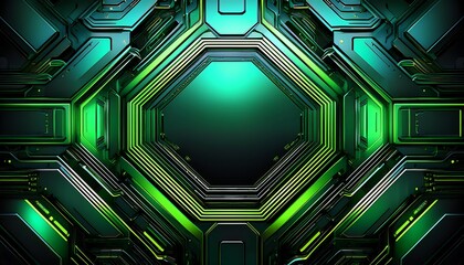 Poster - Abstract geometric background with green glowing lines and an octagonal frame in the center.
