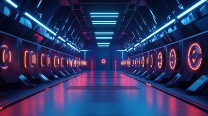 Poster - An archery tournament setup in a futuristic stadium with neon lights, Archery targets amidst sleek modern architecture and digital displays, Neon stadium style
