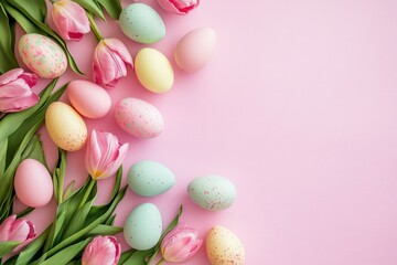 Wall Mural - cheerful easter border is created with colorful painted eggs and pink tulips on a pink background