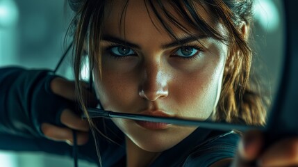 Poster - A woman is holding a bow and arrow, looking directly at the camera