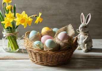 Wicker basket overflowing with pastel-colored easter eggs, accompanied by a bouquet of daffodils and a charming bunny figurine, creates a cheerful easter centerpiece