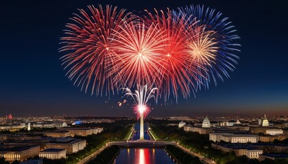 A dazzling Fourth of July fireworks display over Washington, D.C., with the night sky lit up in bursts of red, white, and blue, Generative AI