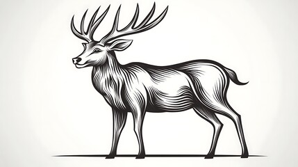 Simplistic outline of a deer with antlers, standing calmly on a white background, featuring slender, fluid lines with minimal shading, focusing on the animal's serenity, hd quality, gentle flow,